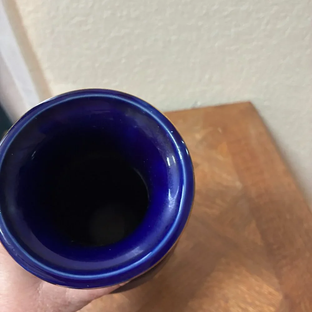 10 Inch Cobalt Blue Porcelain Vase Peacock Floral with Gold Trim Made In Japan.
